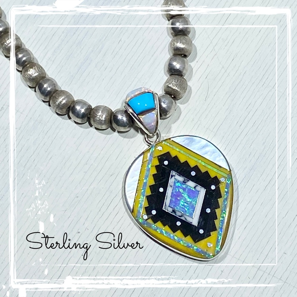 Signed SM Sterling Silver Inlaid Multi Gemstone Native American Navajo Pendant